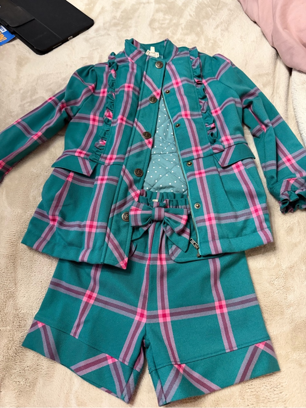 Girls Teal Plaid Matching Jacket & Shorts Set - Brand:Finding Foxtale Sz 6